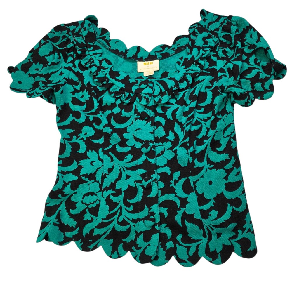 Maeve Anthropologie Top 0 Teal Black Floral Scalloped Ruffle Button Old Money